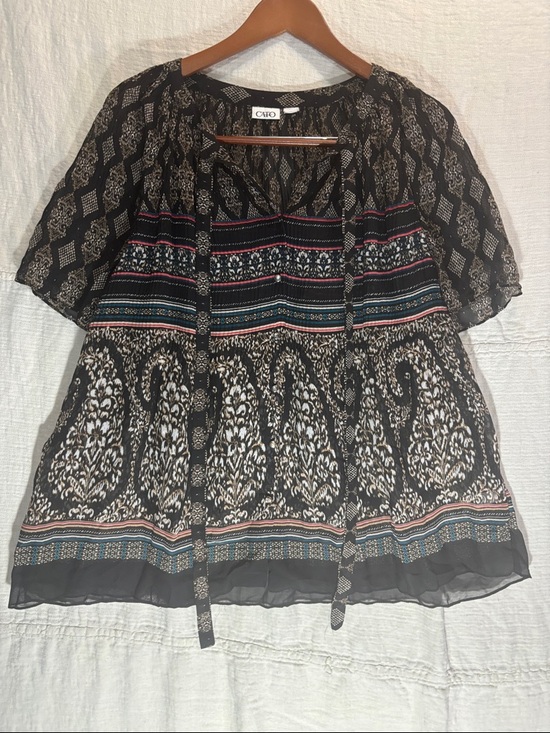 Cato Tops - Cato Black Boho Tie-Front Tunic with Multicolor Stripe Details